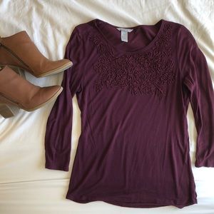 ❗️3/4 Sleeve Wine Stretchy Embroidered Top